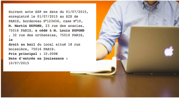 Annonce légale de cession de droit au bail